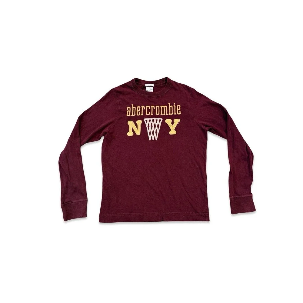 Abercrombie Kids Muscle Long Sleeve Shirt Large Burgundy Cotton Embroidered VTG